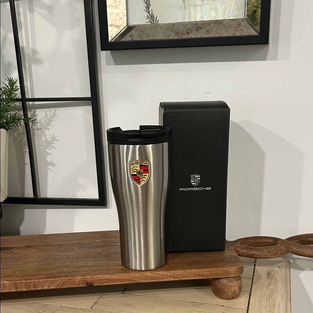 Porsche Design Stainless Steel Travel Mug with Black Lid and Crest